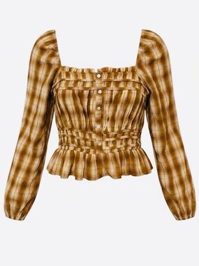 Bohme Brown Beige Plaid Smocked Blouse Size Large NWOT